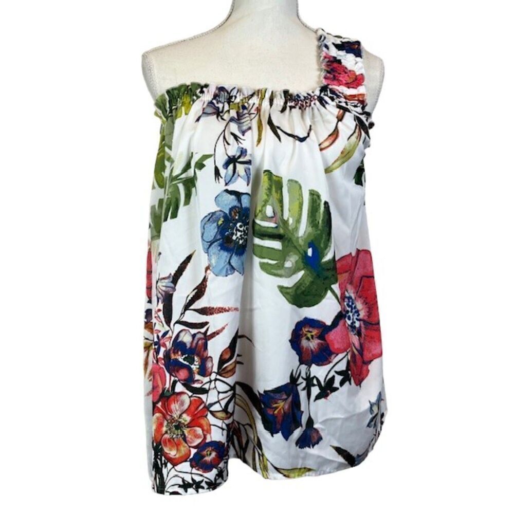 Rachel Rachel Roy One Shoulder Floral Asymmetric Hem Blouse White Size Medium